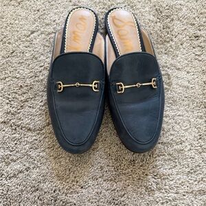 Sam Edelman Black Leather Mule Loafers with Gold Horsebit